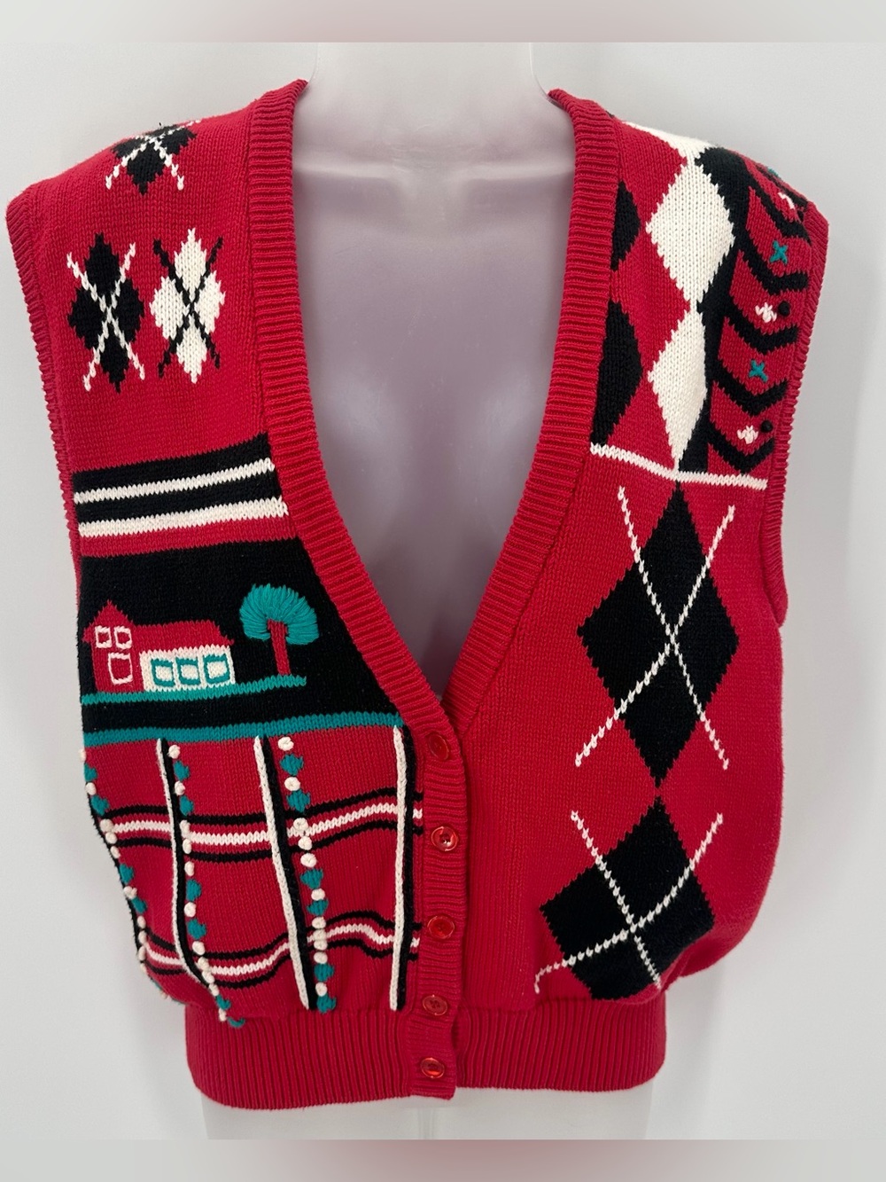 Vintage Koret Sweater Vest Women M Red Cotton Knit Argyle Tree House Cottagecore